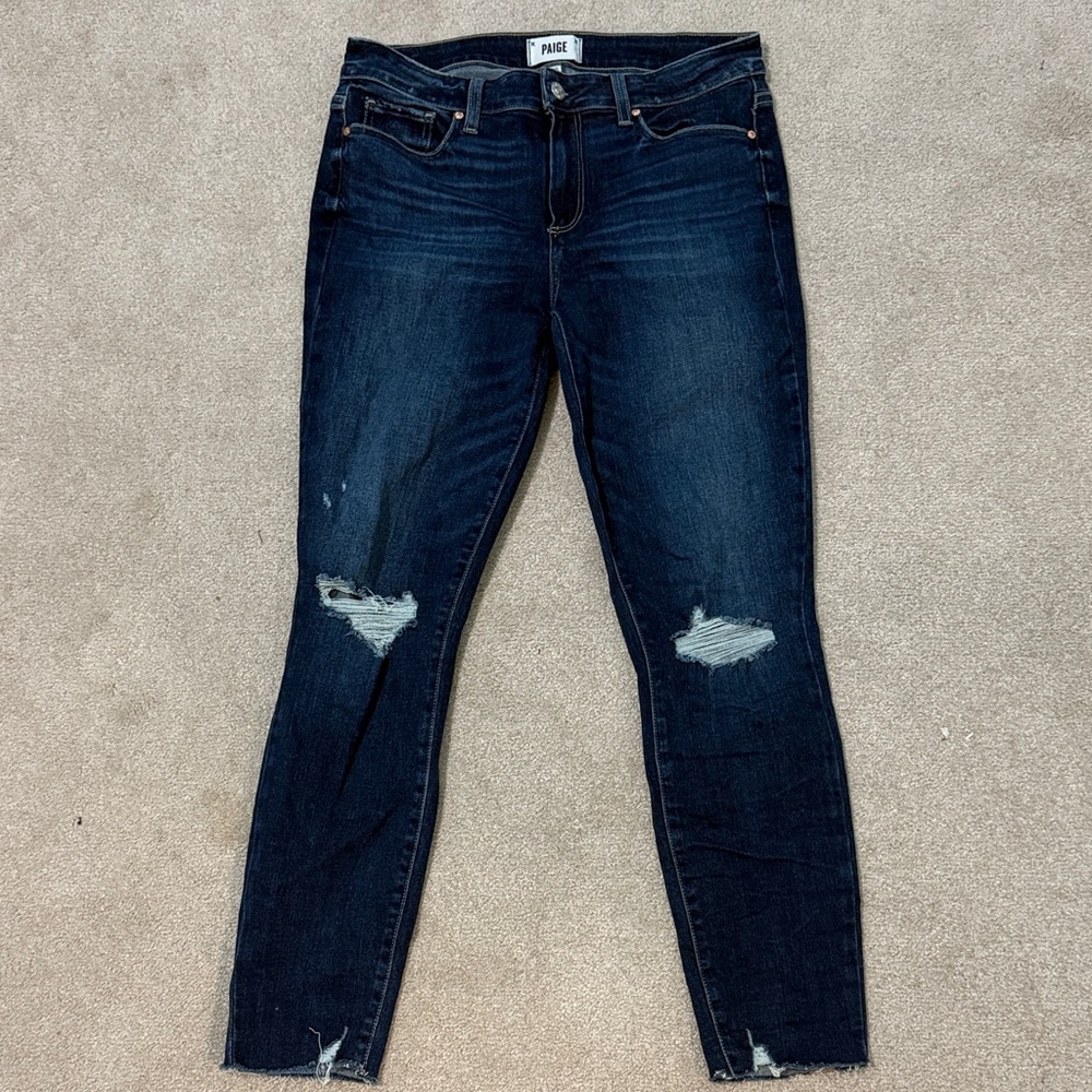 PAIGE Women's Dark Blue Ripped Skinny Jeans